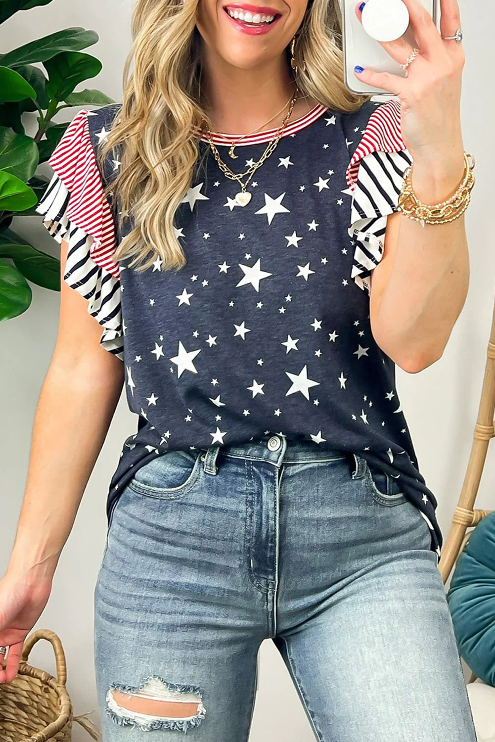 Ruffled Sleeve Star Print T Shirt