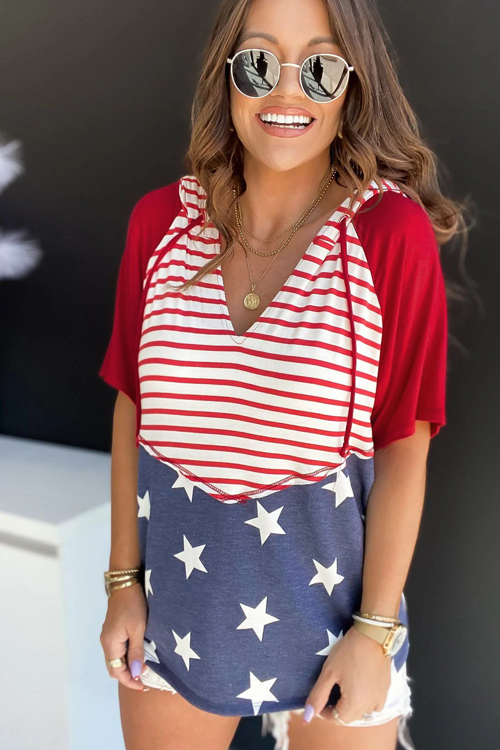 Stars and Stripes Print Drawstring Hooded T Shirt