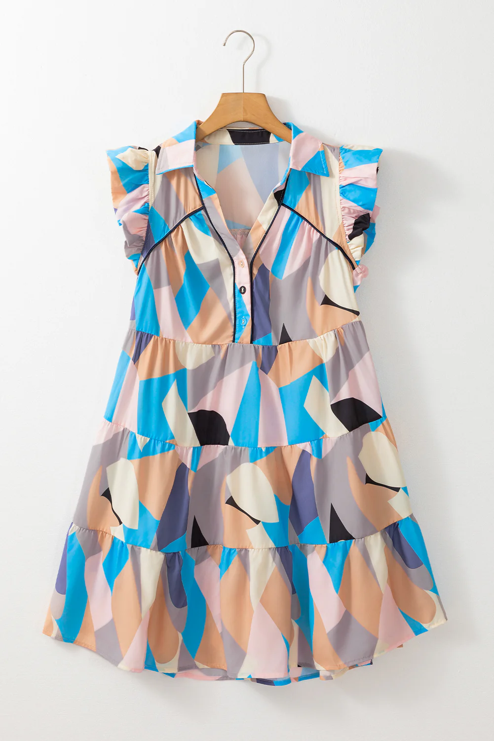 Geometric Print Ruffled Cap Sleeve Collared Mini Dress
