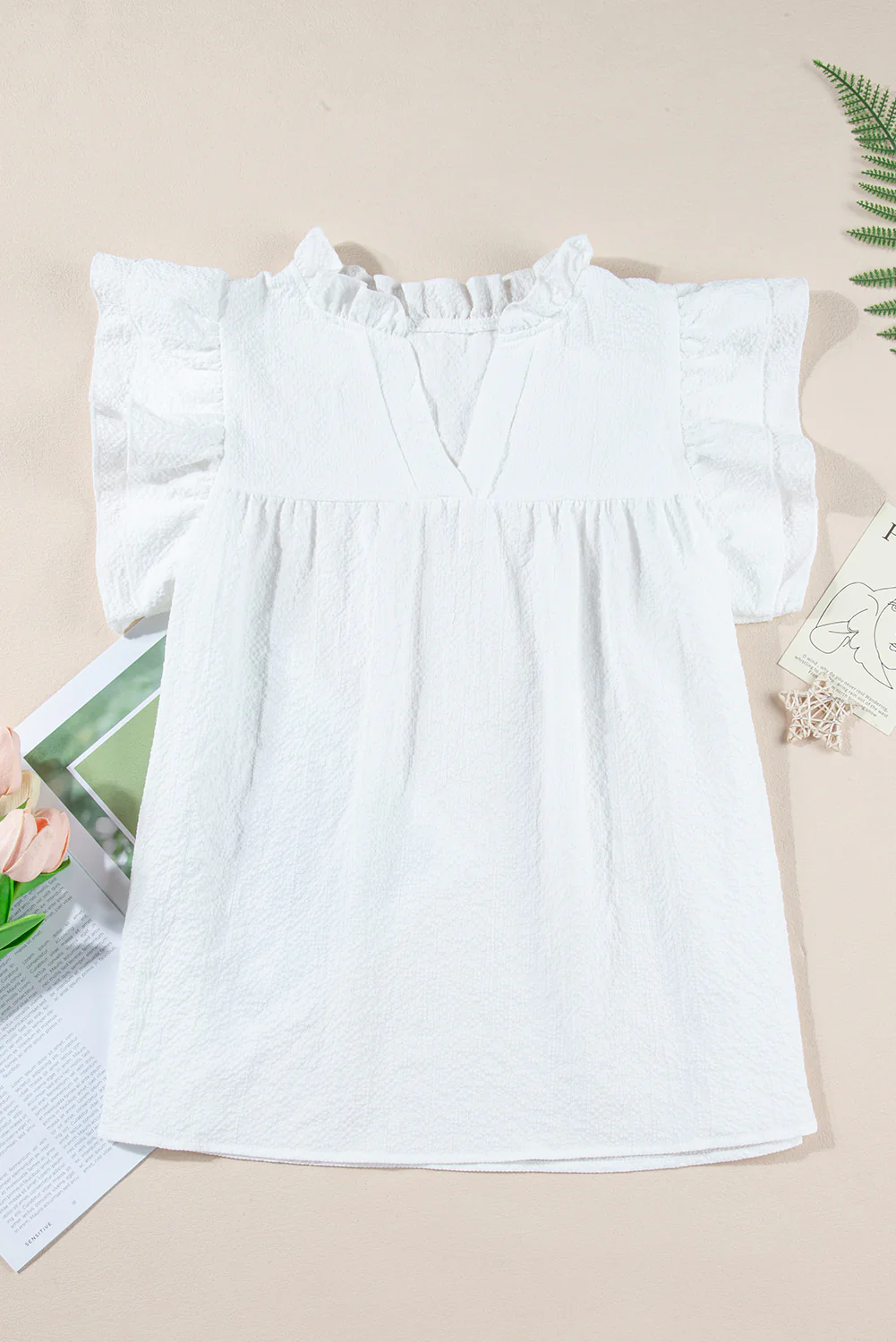 Ruffle Accent Flutter Sleeve Notch Neck Top