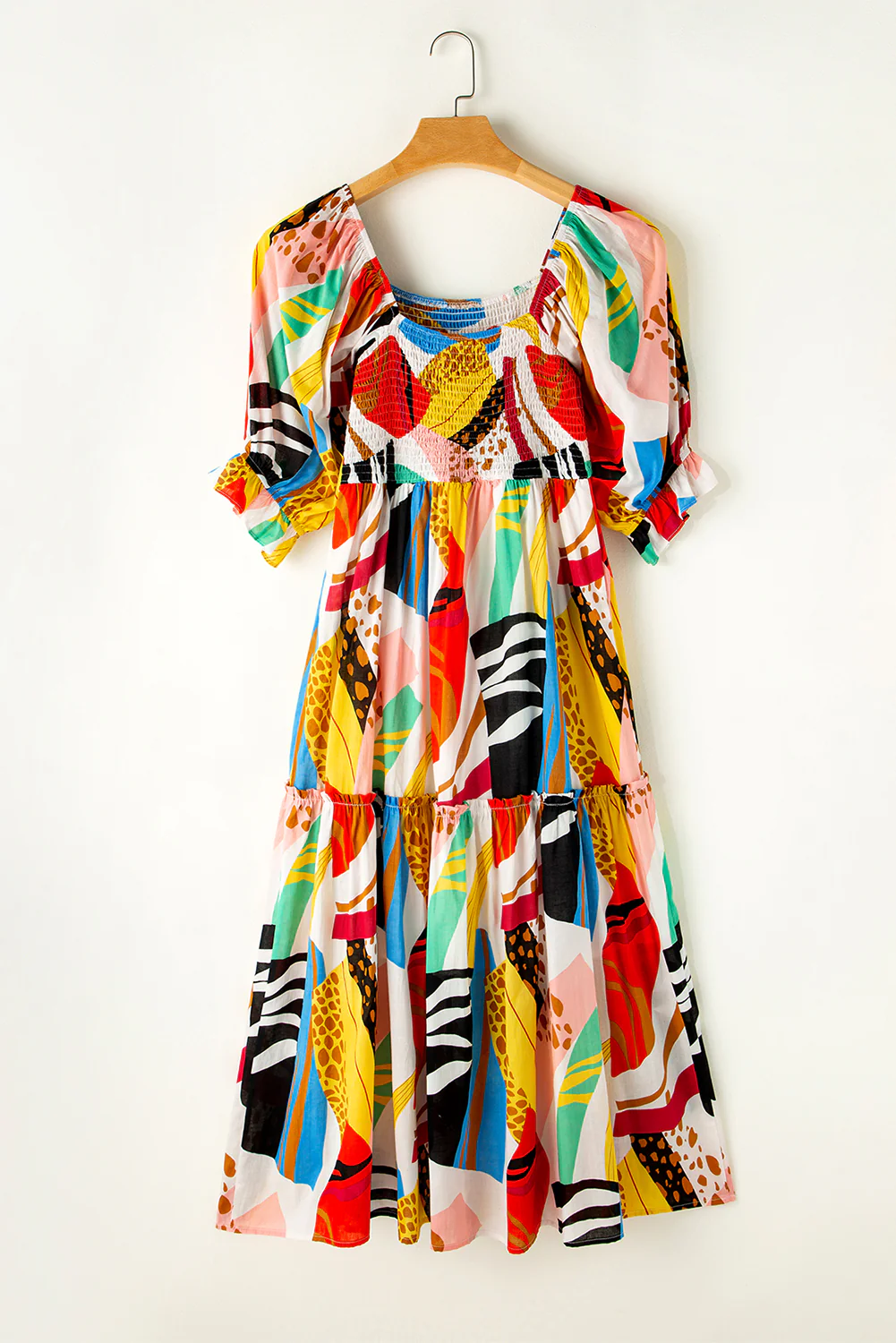 Square Neck Smocked Abstract Print Boho Maxi Dress