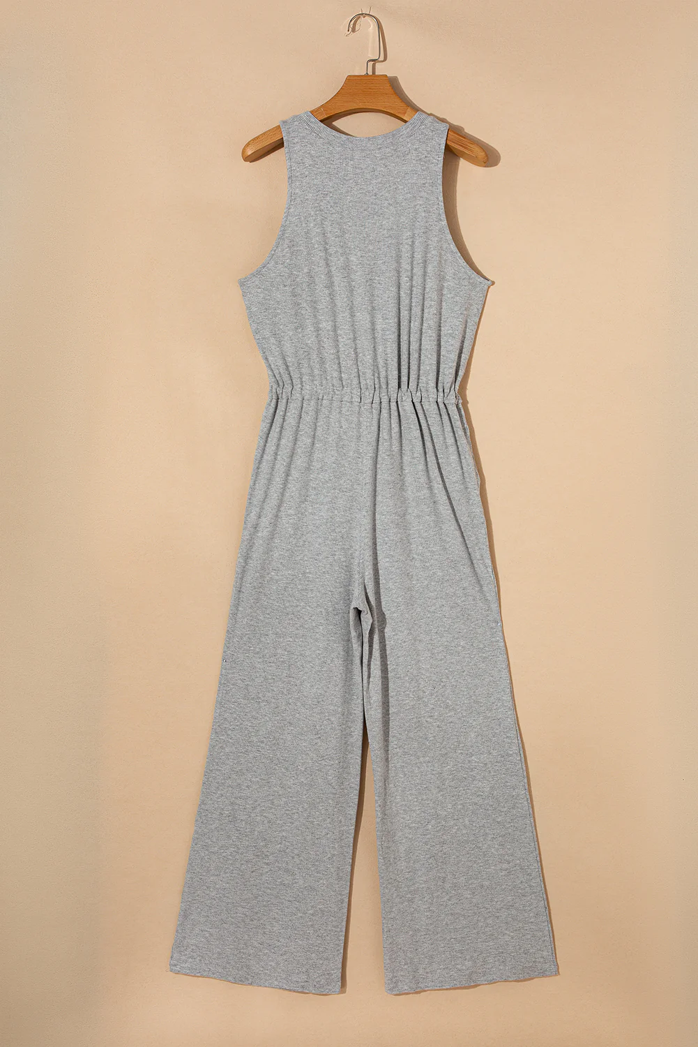 Ribbed Knit Buttons Drawstring Sleeveless Jumpsuit