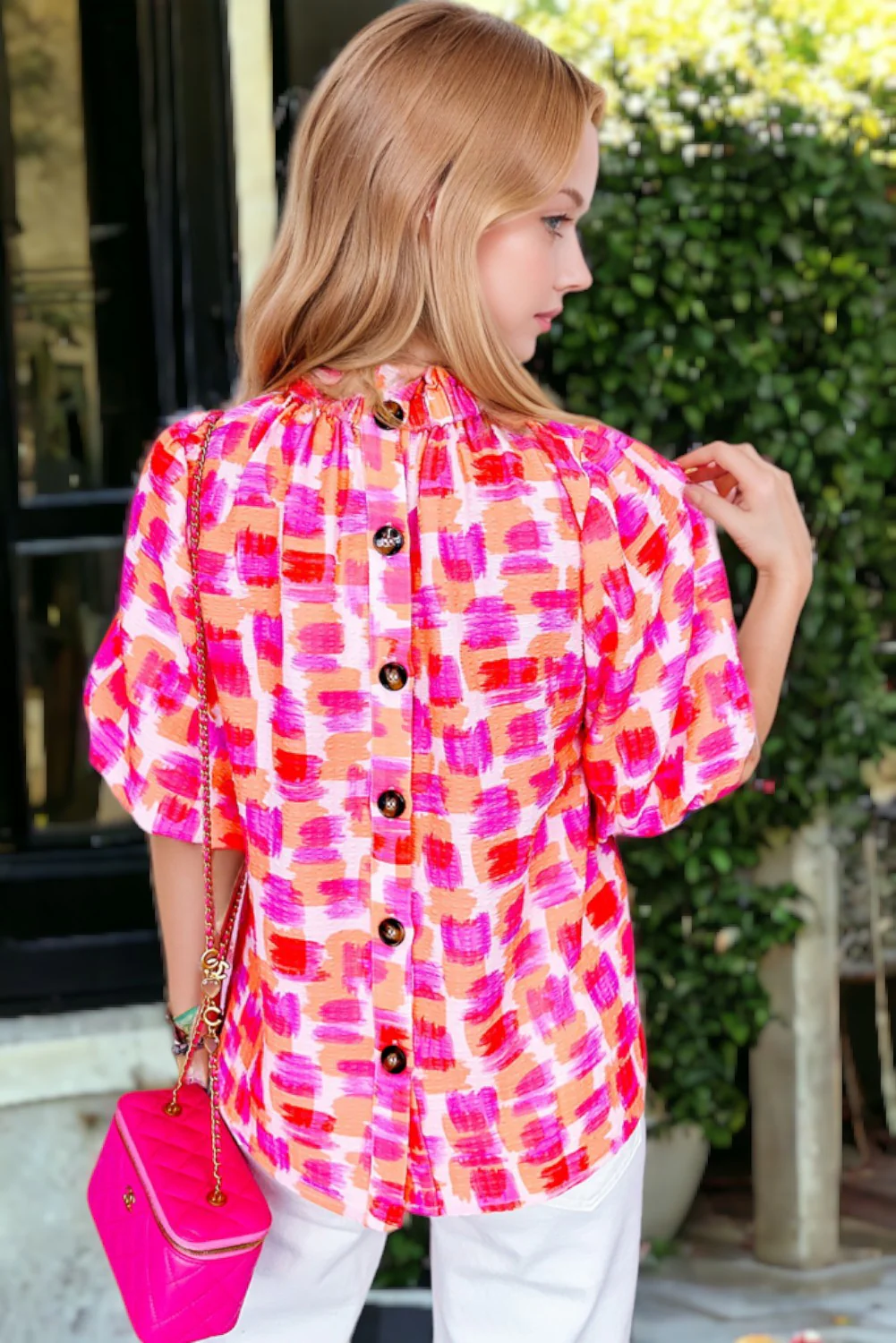Abstract Print Button Back Ruffed High Neck Blouse