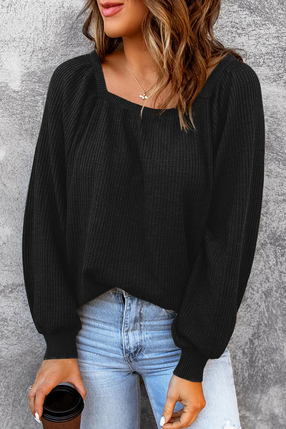 Scoop Neck Puff Sleeve Waffle Knit Top