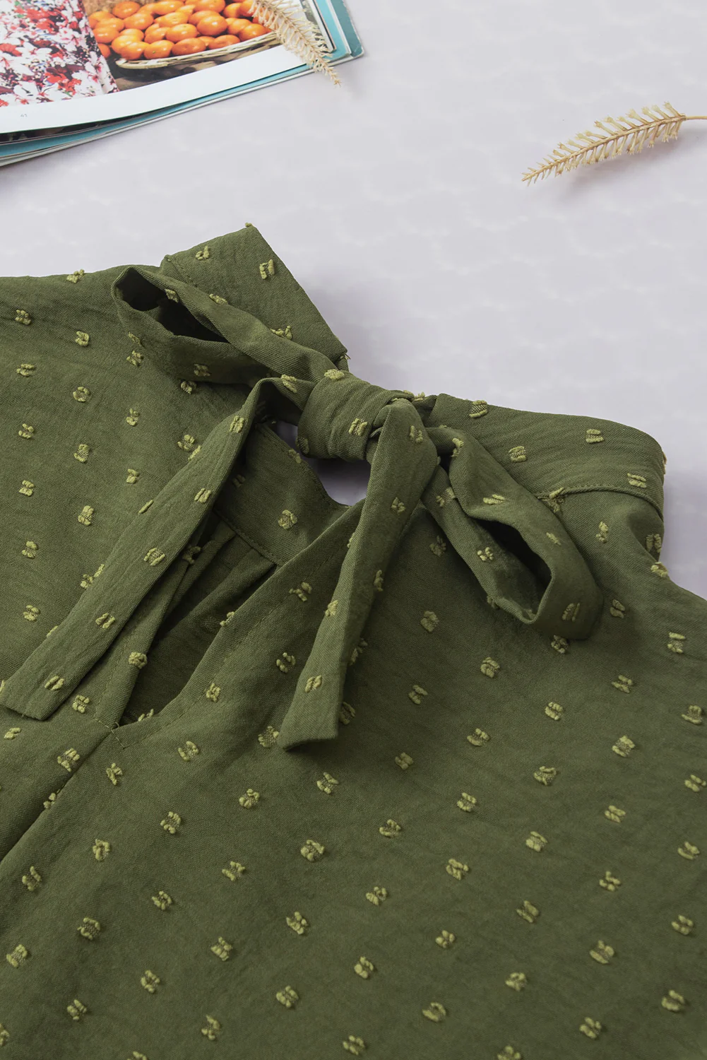 Swiss Dot Mock Neck Batwing Sleeve Blouse