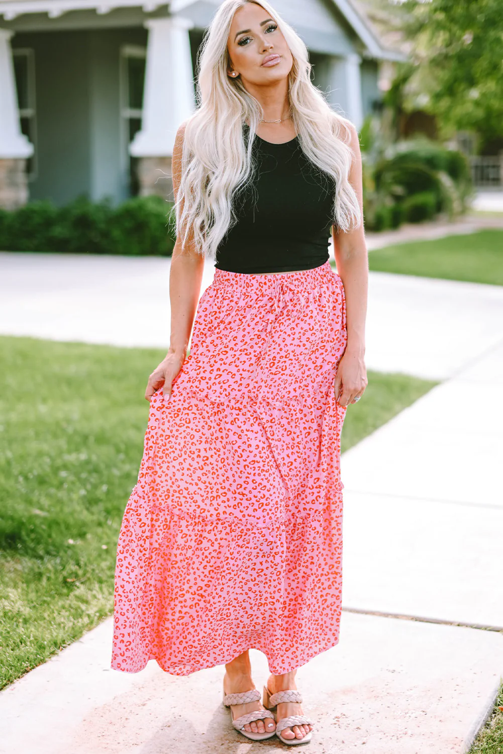 Leopard Print Frilled Drawstring High Waist Maxi Skirt