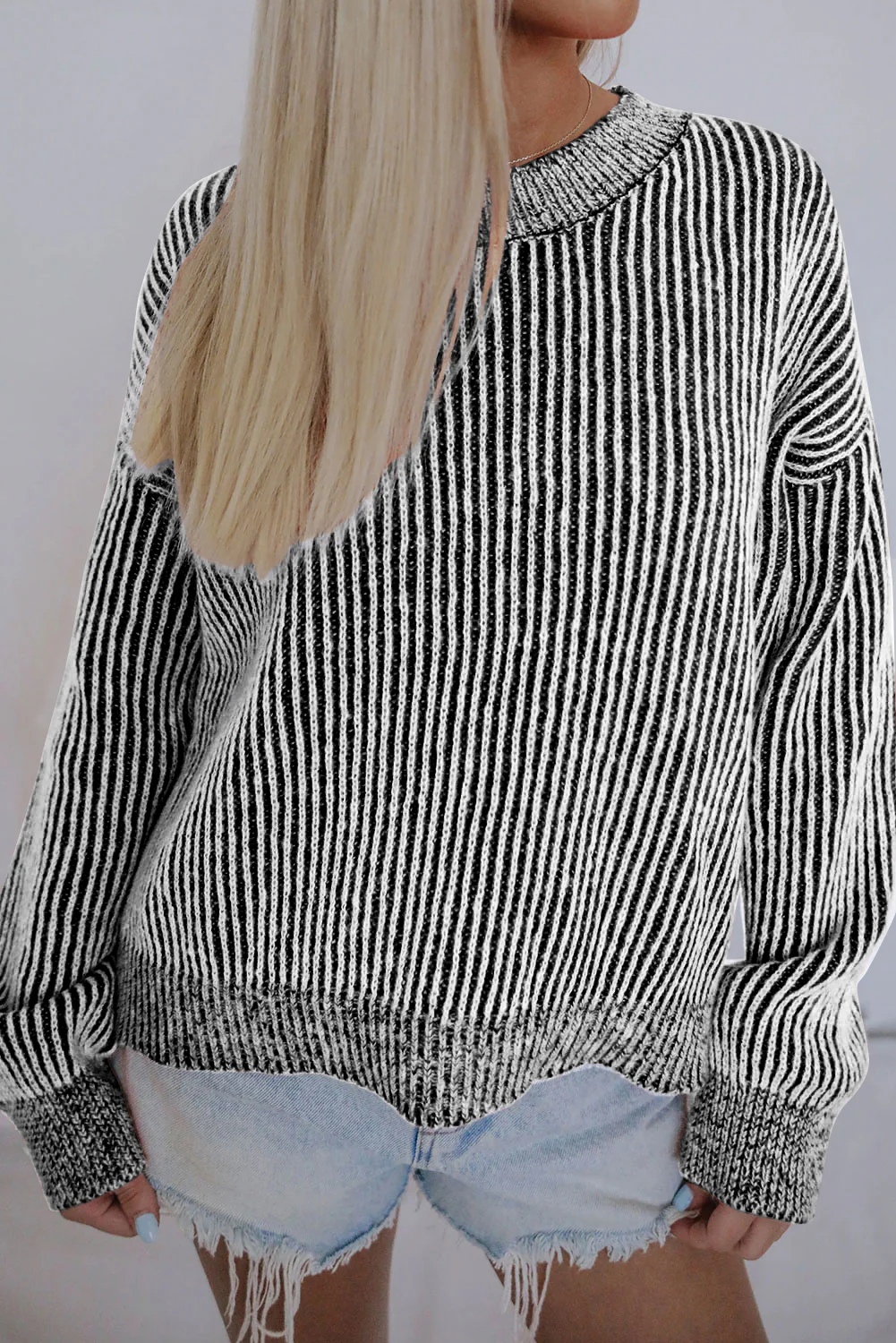 Striped Print Ribbed Trim Round Neck Sweater