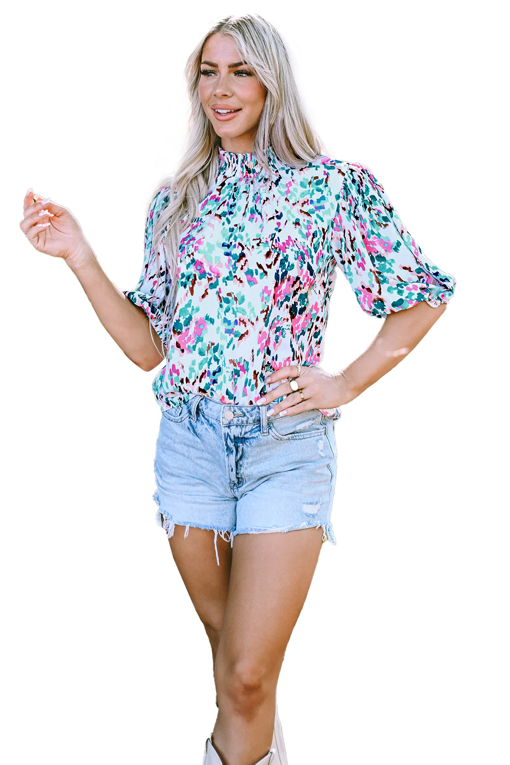 Print Puff Sleeve Mock Neck Blouse