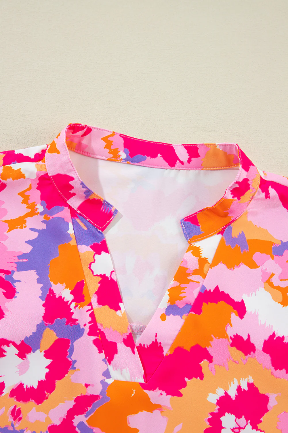 Abstract Print Tab Sleeve Notched Neck Blouse