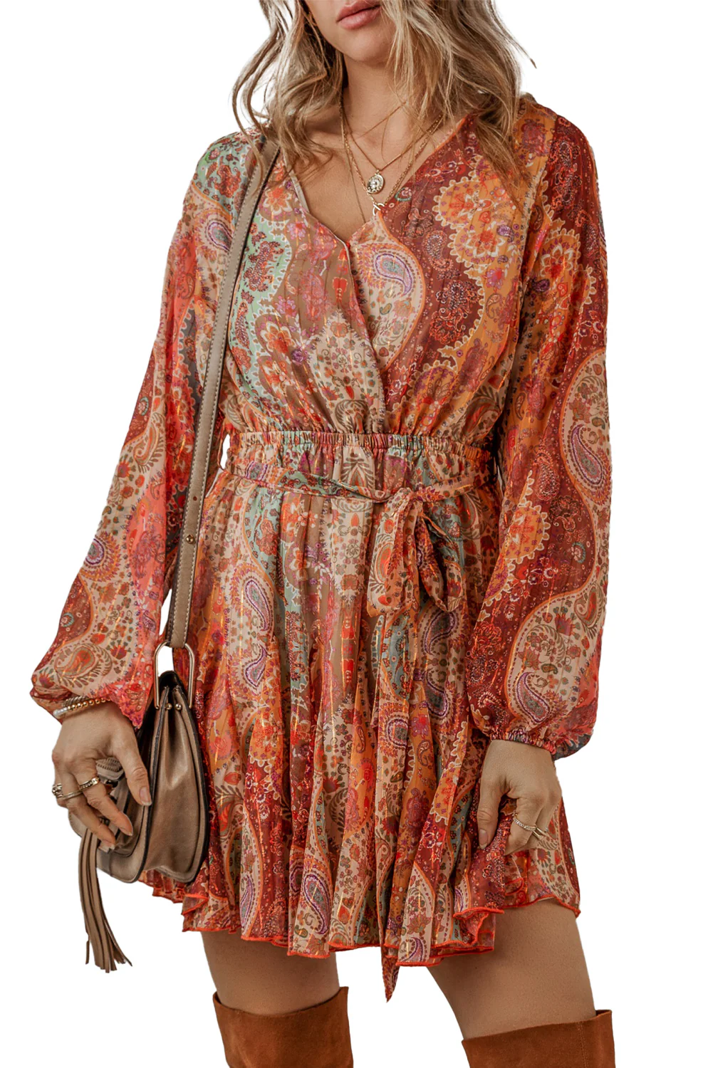 Boho Paisley Print Long Sleeve Pleated Belted Mini Dress