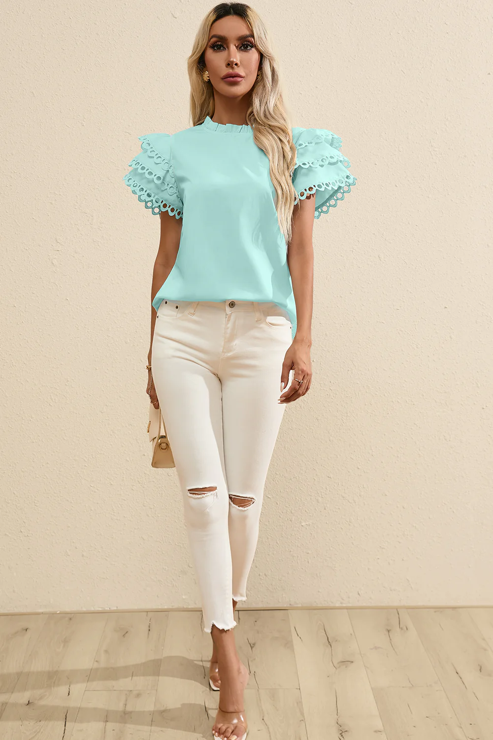 Layered Ric Rac Cap Sleeve Filled Neck Blouse