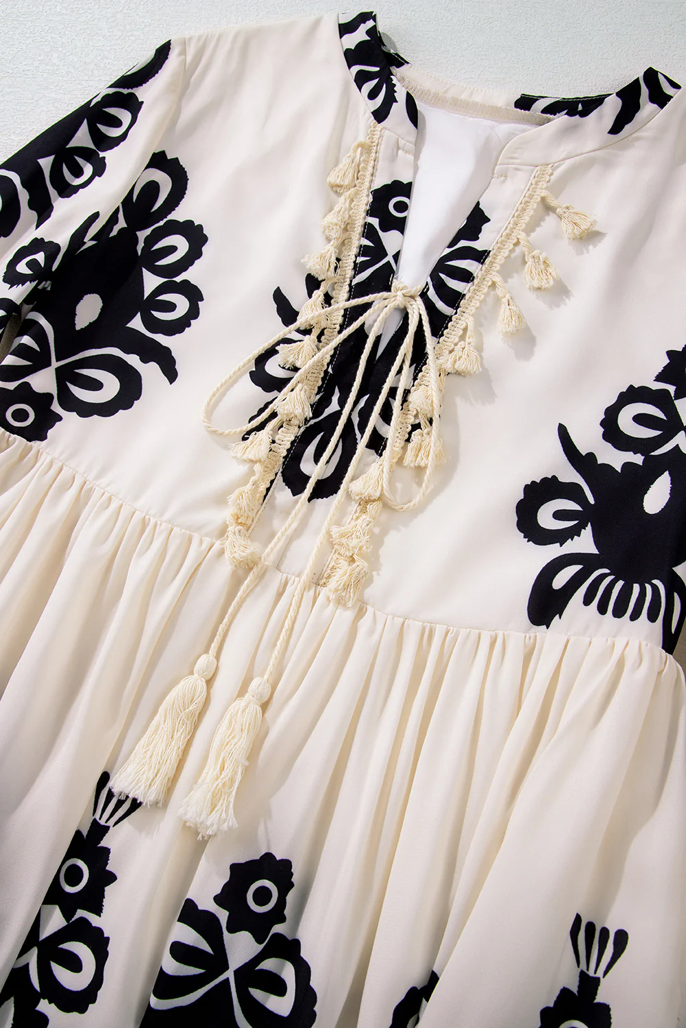 Western Pattern Print Tasseled Notch V Neck Mini Dress