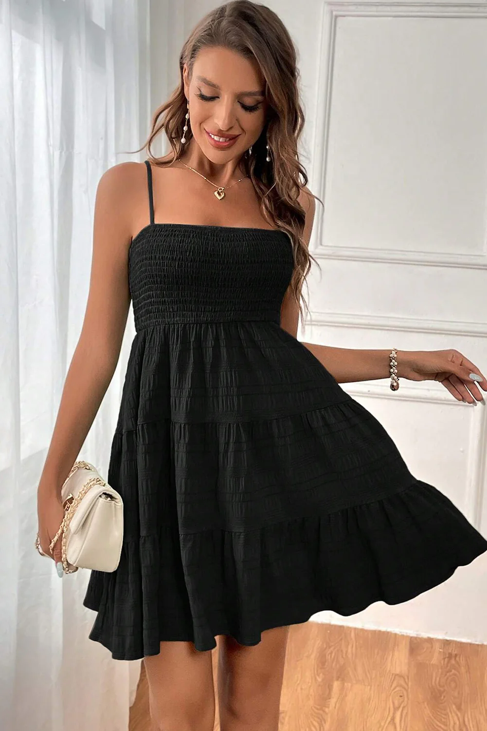 Smocked Textured Tiered Skater Dress