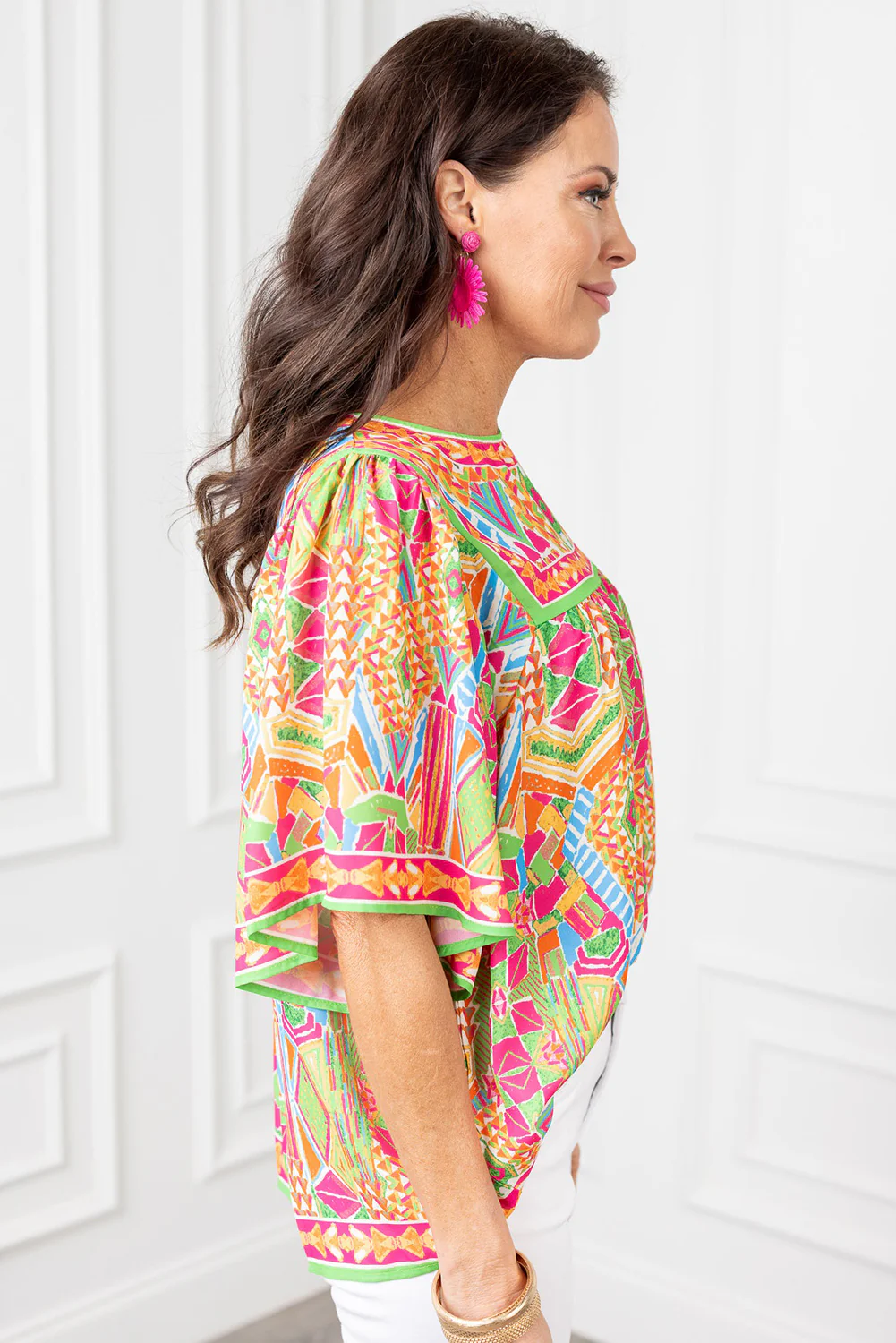 Geometric Print Bell Sleeve O Neck Babydoll Blouse