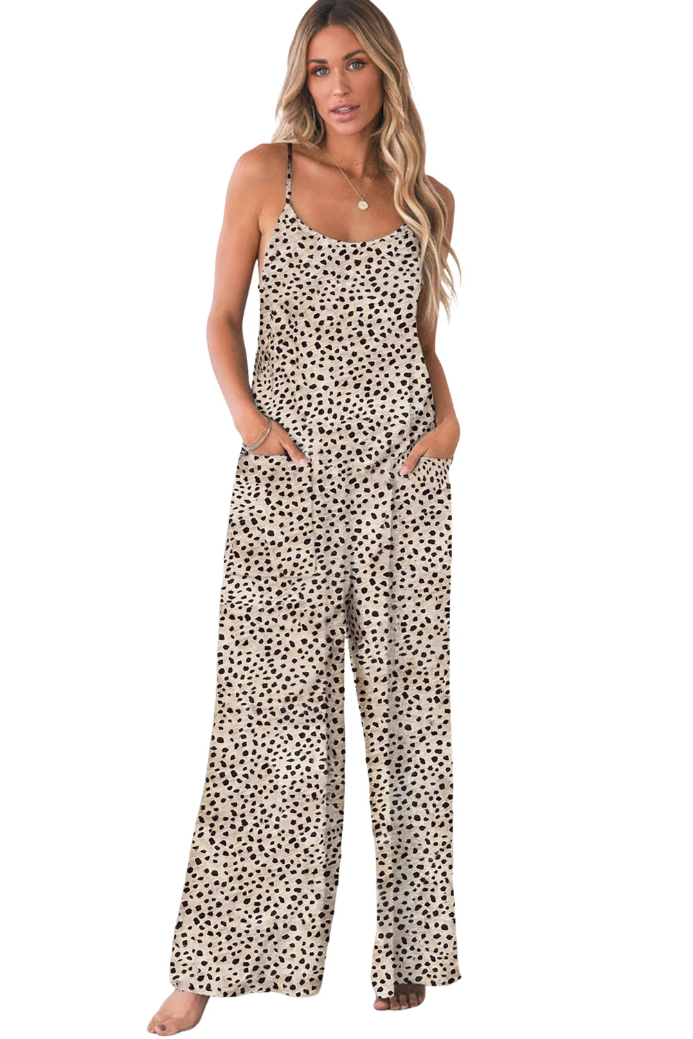 Leopard Print Wide Leg Spaghetti Straps Jumpsuit