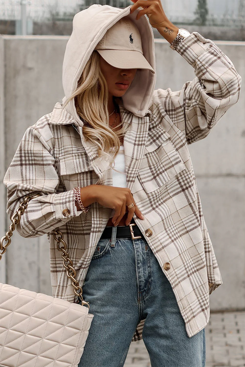 Plaid Removable Hood Shacket