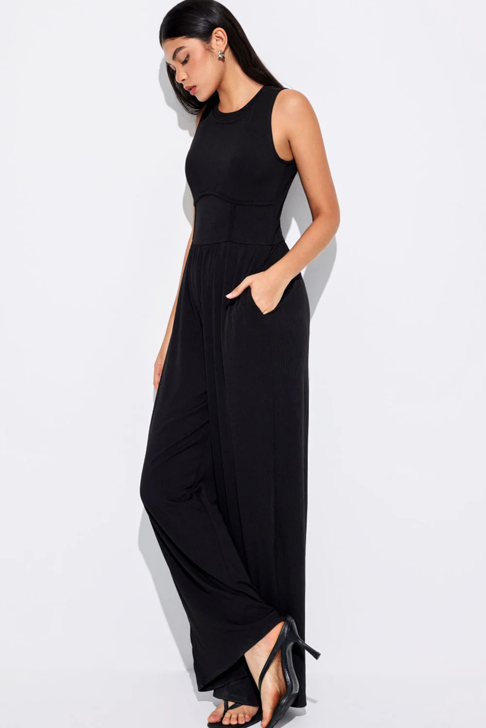 Medium Grey Cinched Waist Sleeveless Wide Leg Jumpsuit