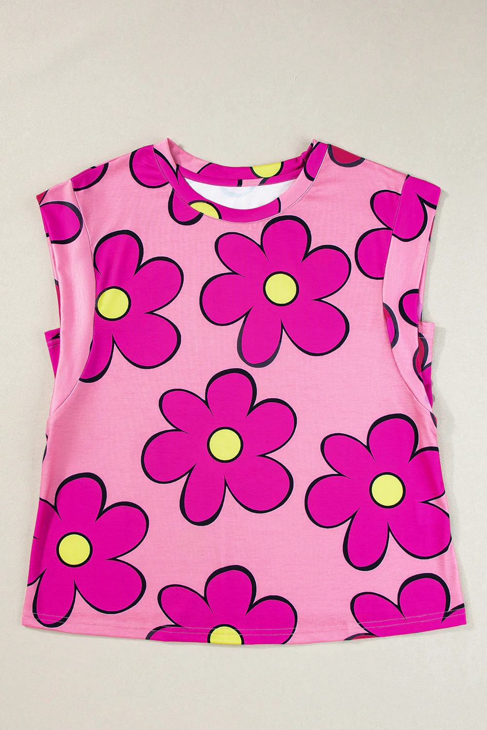 Flower Print Round Neck Cap Sleeve T Shirt