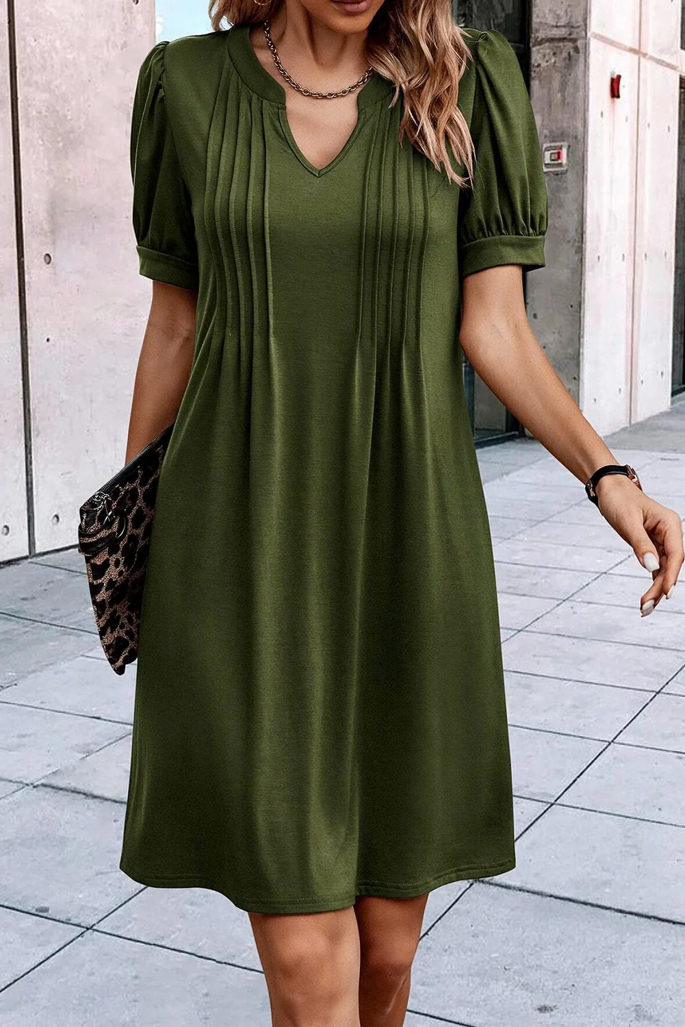 Notched Neck Pleated Puff Sleeve Shift T-shirt Dress