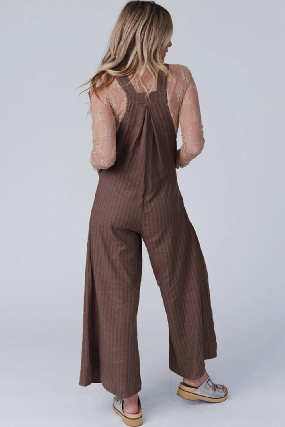 Striped Pleated Wide Leg Pocketed Jumpsuit