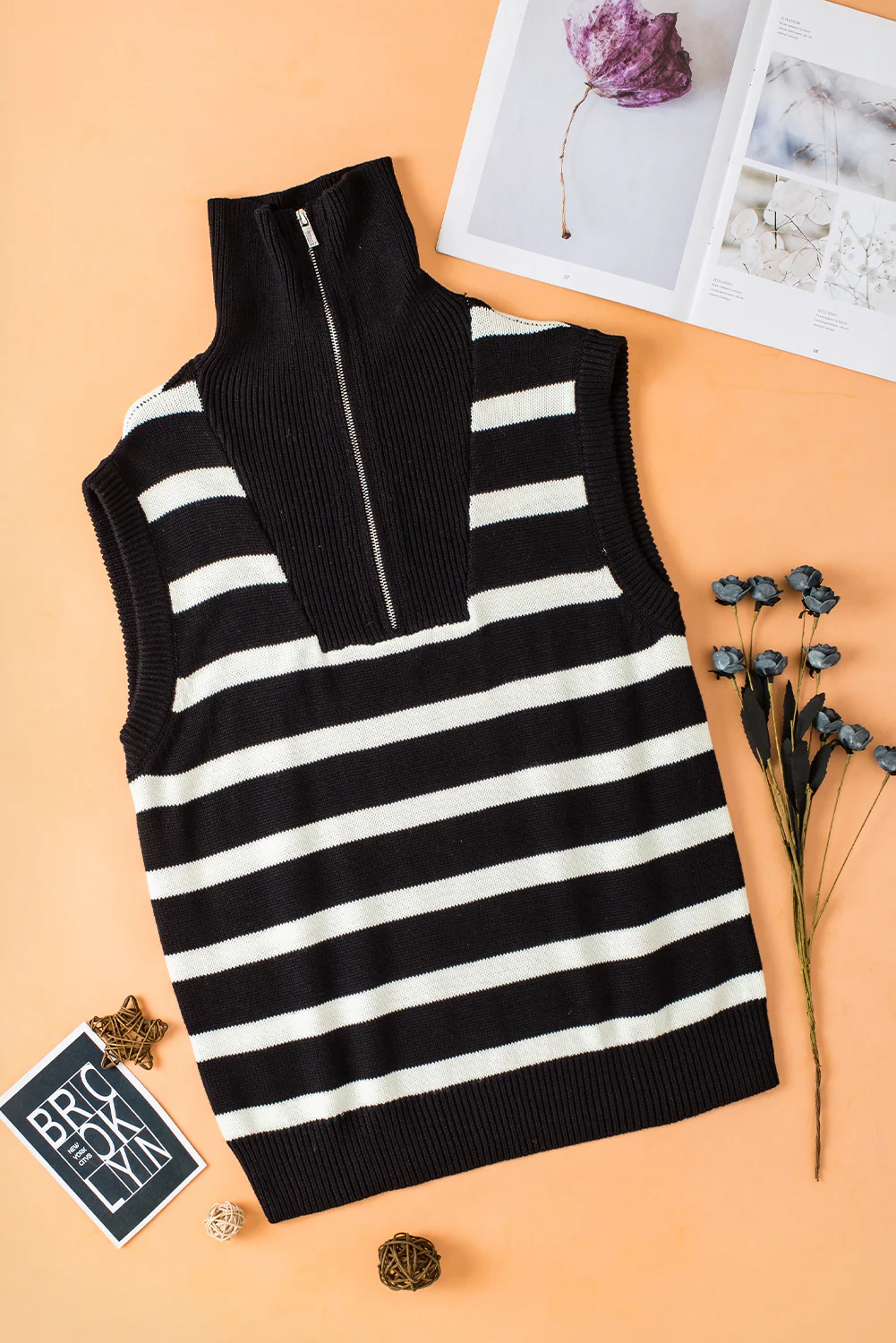 Stripe Zipped Collar Knit Sweater Tank