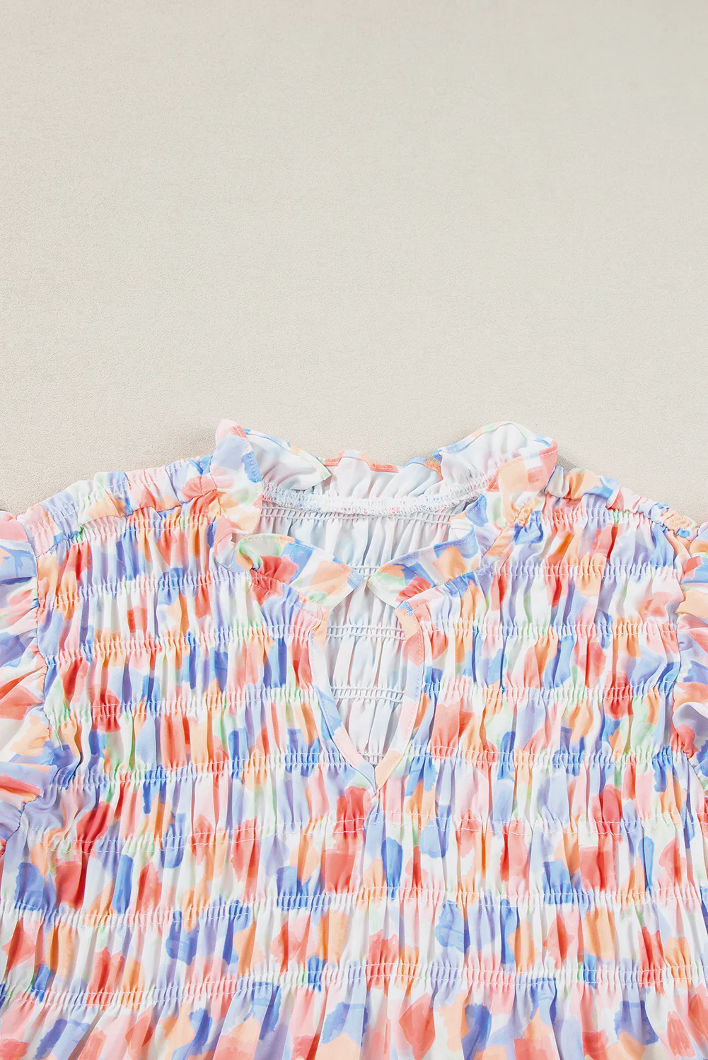 Shirred Yoke Ruffled Abstract Printed Blouse