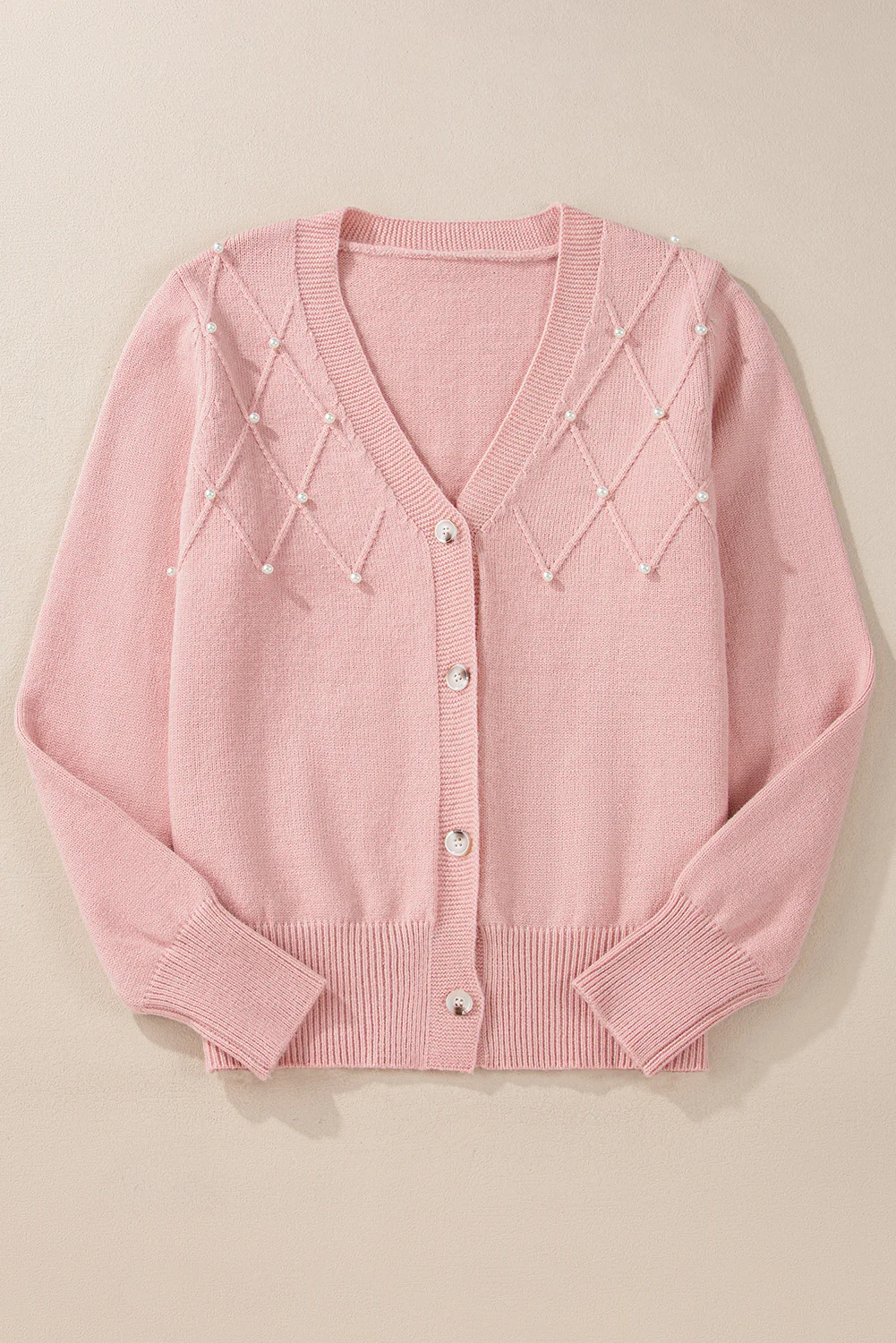 Textured Knit Pearl Beaded Button Up Cardigan