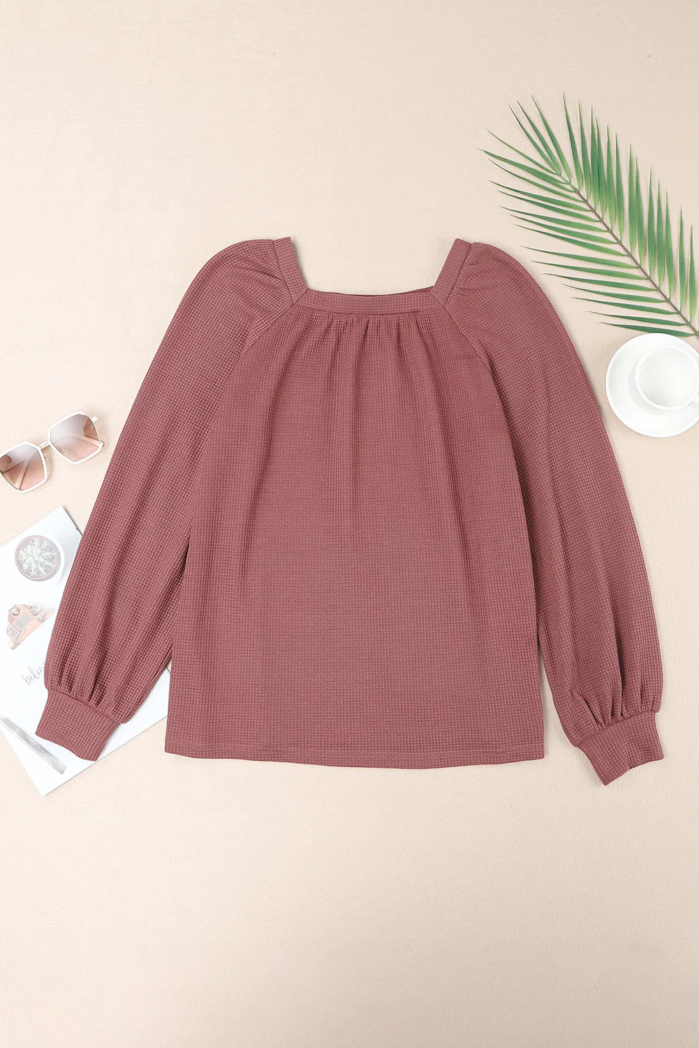 Scoop Neck Puff Sleeve Waffle Knit Top