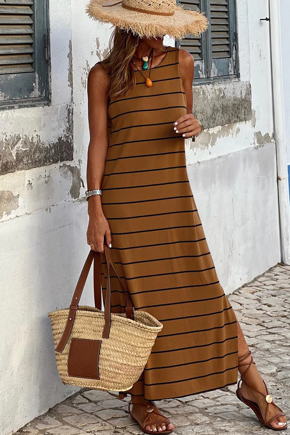 Stripe Print Open Back Sleeveless Maxi Dress with Slits