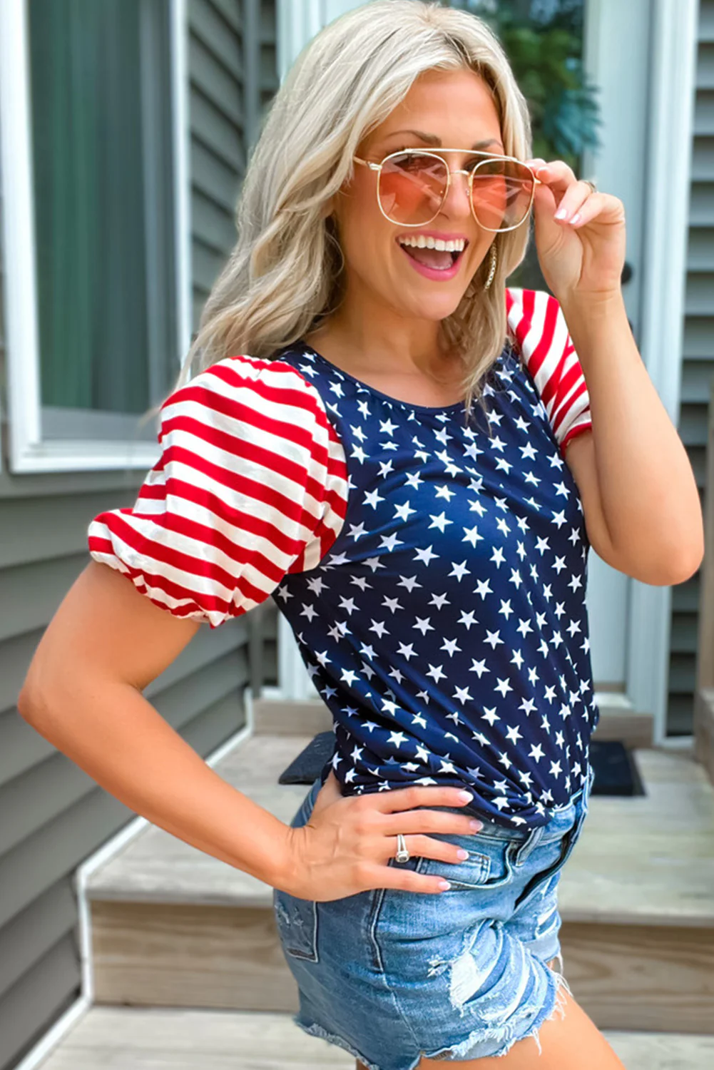 4th Of July Stars Stripes Puff Sleeve T Shirt