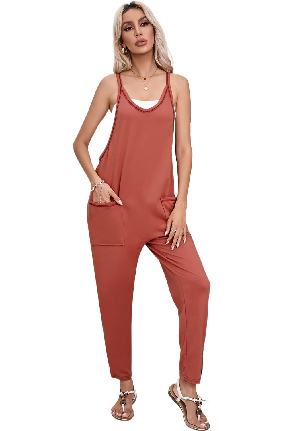 Side Pockets Harem Pants Sleeveless V Neck Jumpsuit