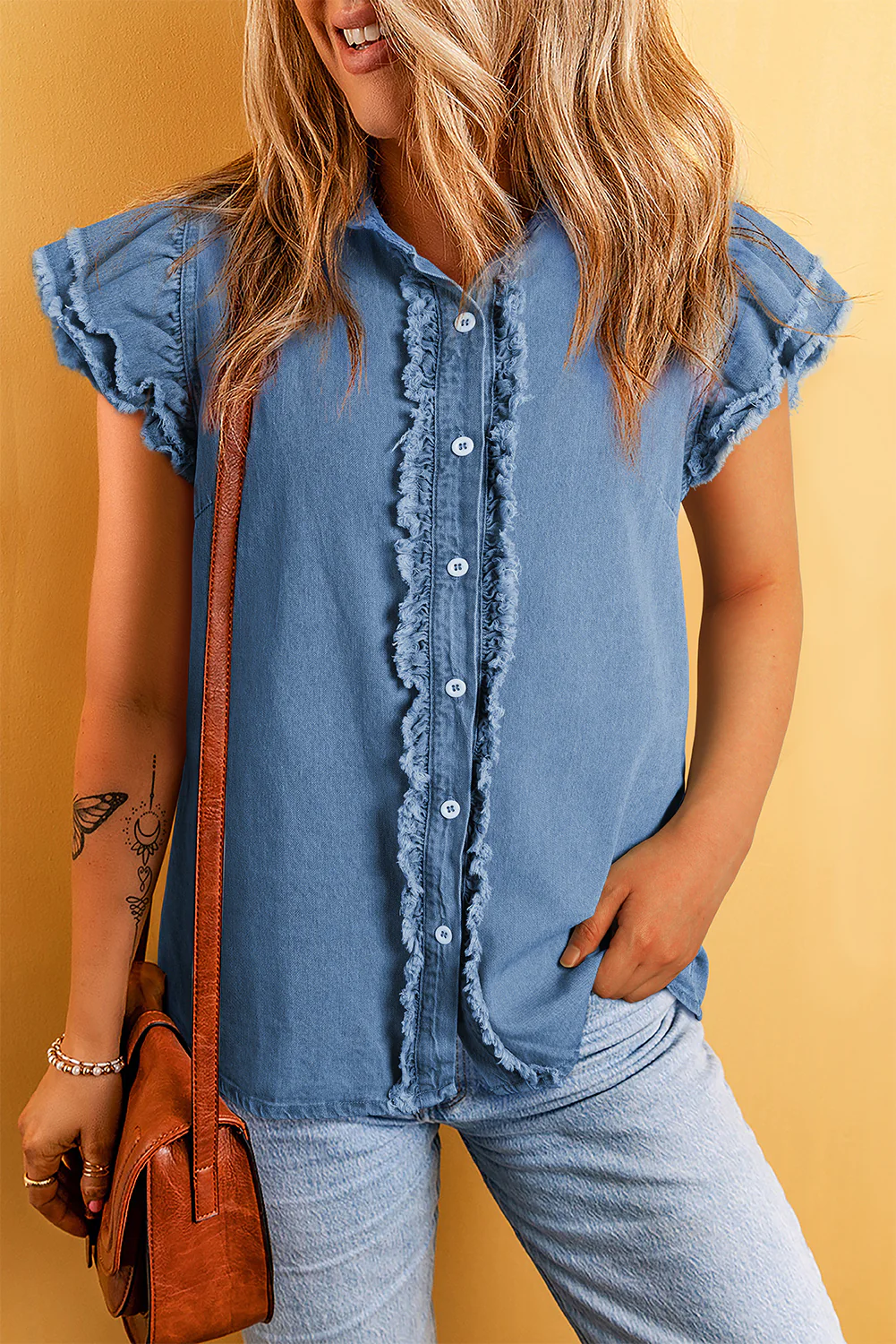 Button Front Ruffled Flutter Frayed Denim Top