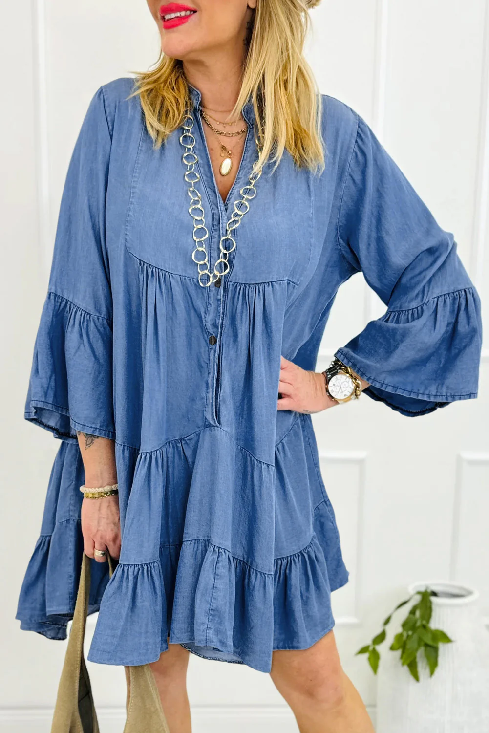 Chambray Ruffled 3/4 Sleeve Tiered Split V Neck Mini Dress