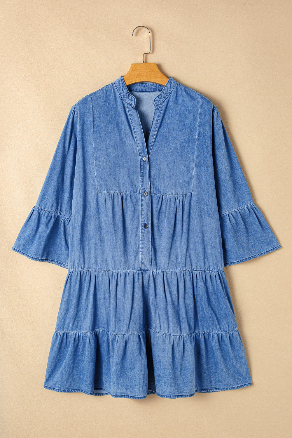 Chambray Ruffled 3/4 Sleeve Tiered Split V Neck Mini Dress