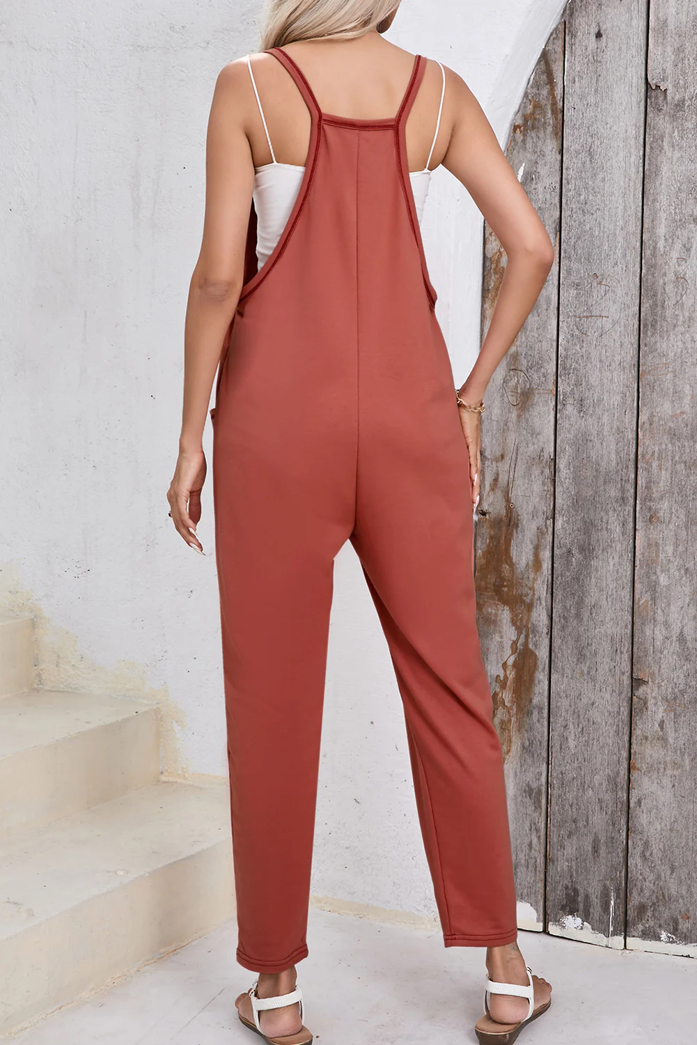 Side Pockets Harem Pants Sleeveless V Neck Jumpsuit