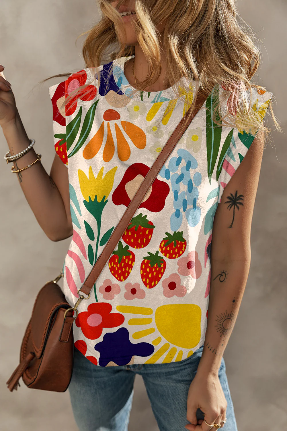 Flower Print Round Neck Cap Sleeve T Shirt