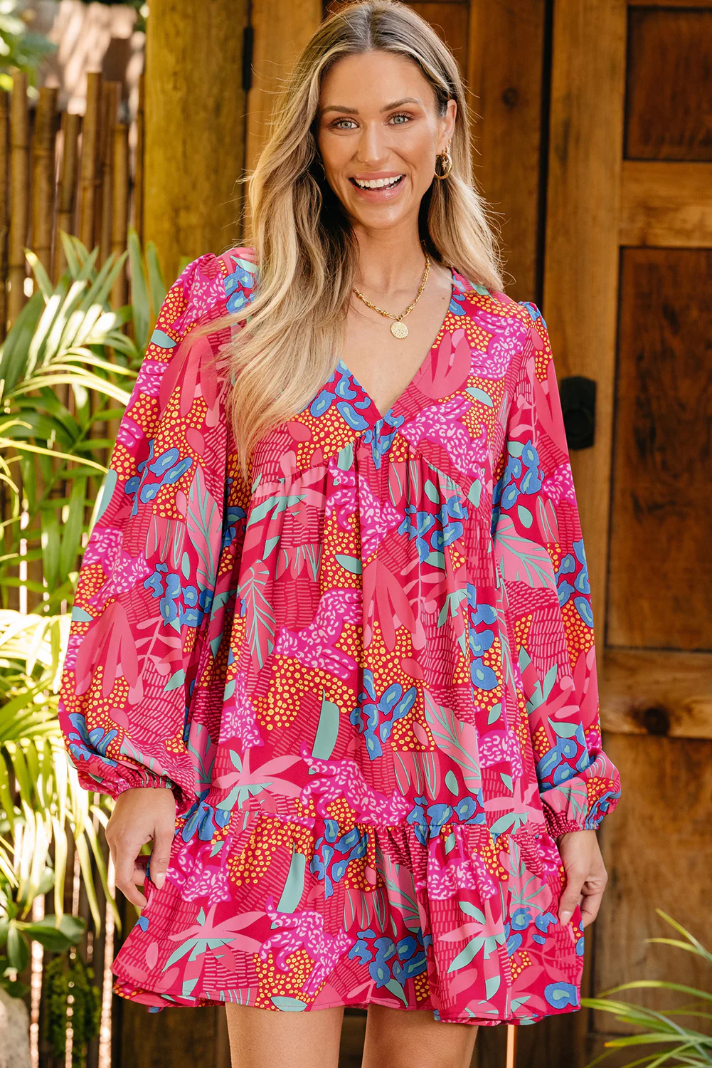 Floral Print V Neck Bubble Sleeve Ruffled Mini Dress