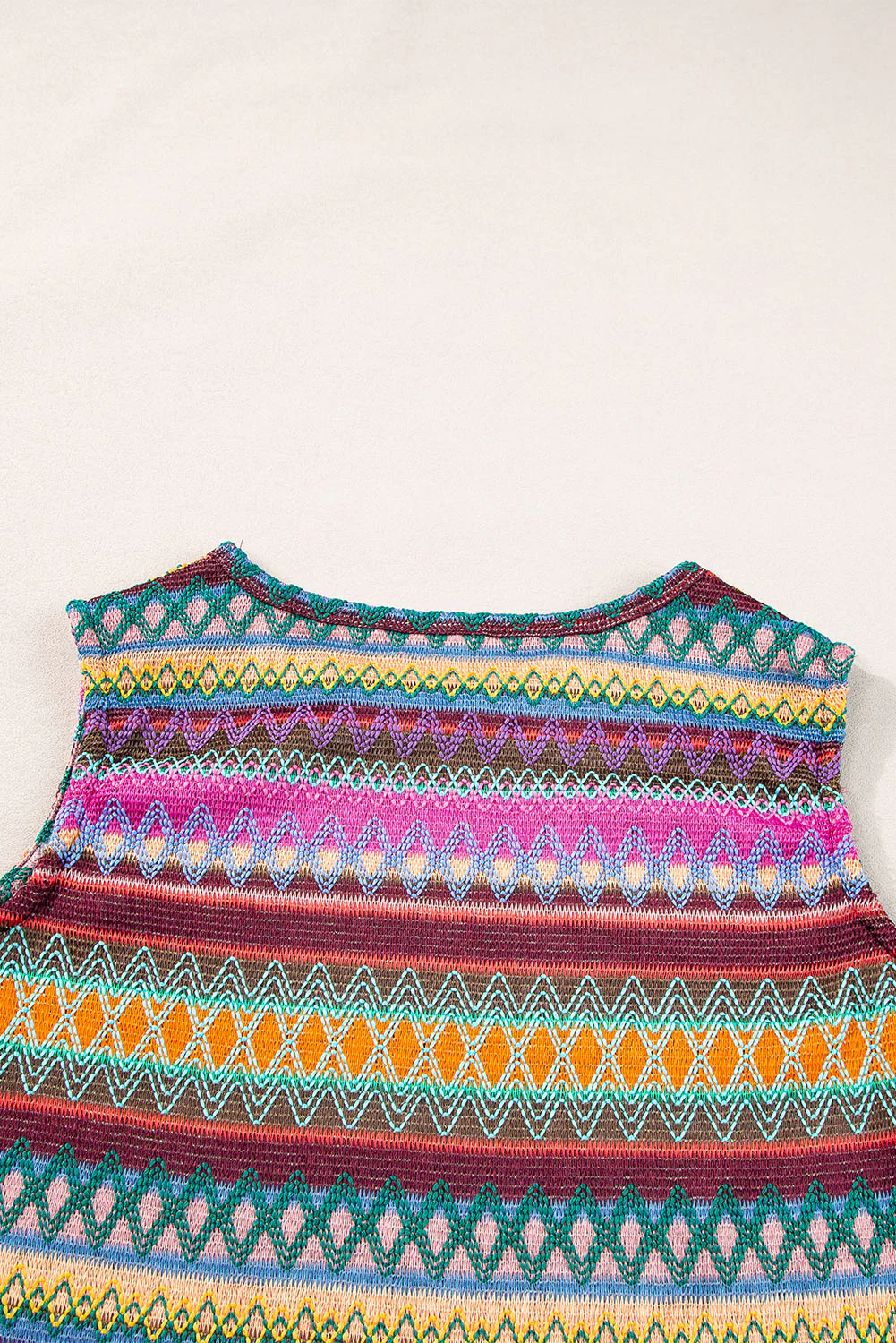 Light Blue Ethnic Wavy Pattern Round Neck Sleeveless Top