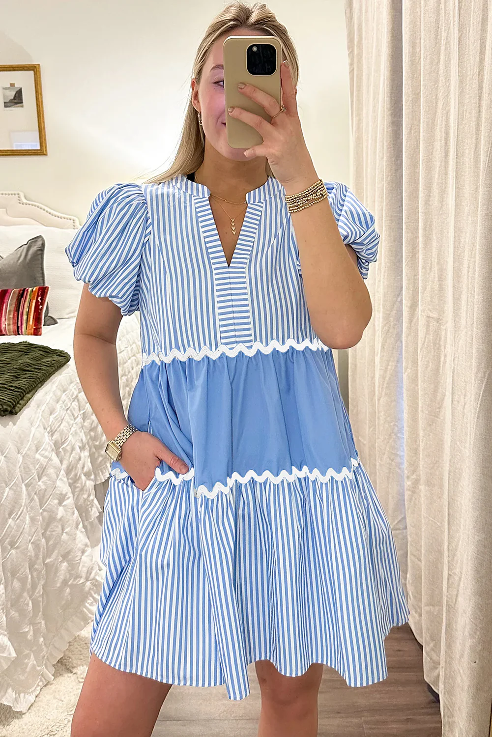 Ric Rac Striped Bubble Sleeve V Neck Dress