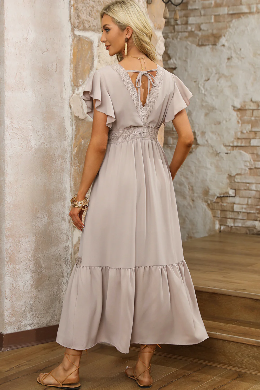 Lace V Neck Ruffled Sleeve Empire Waist Dress