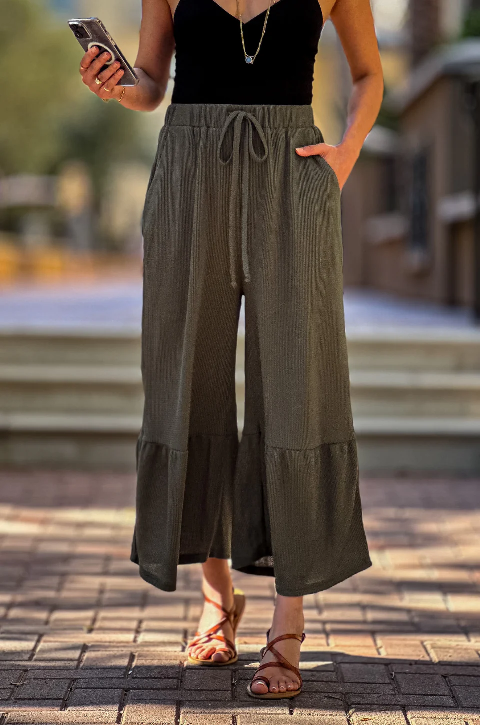 Waffle Knit Tiered Wide Leg Crop Pants
