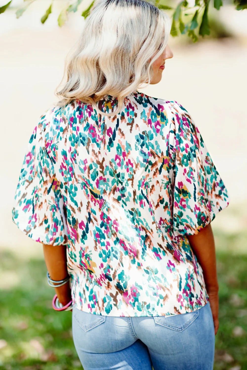Print Puff Sleeve Mock Neck Blouse