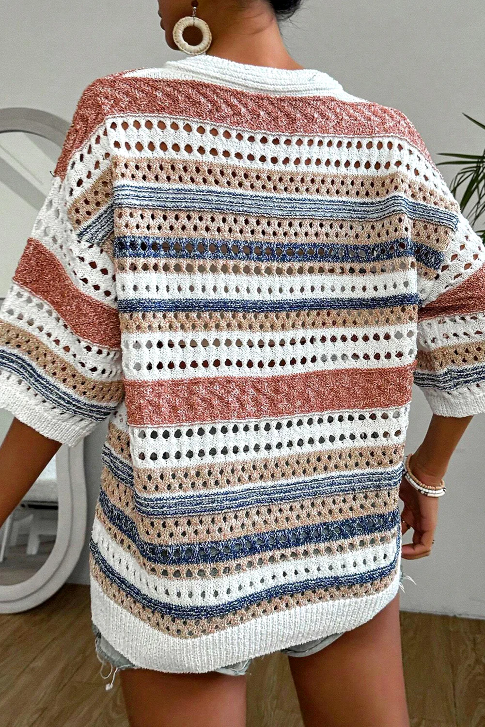 Striped Hollow Out Half Sleeve Knitted Sweater