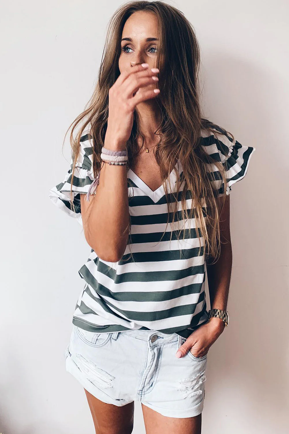 Striped V Neck Ruffle Sleeve Top