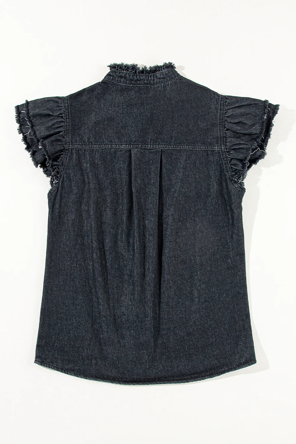 Button Front Ruffled Flutter Frayed Denim Top