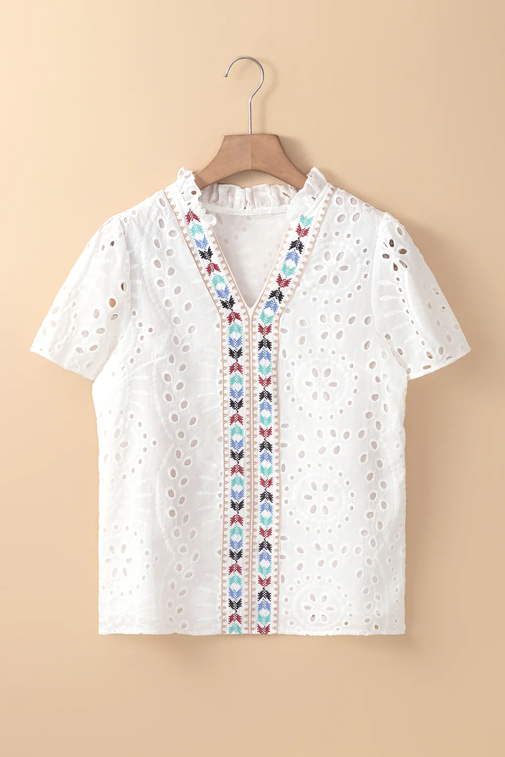 Geometric Embroidery Hollow Out Blouse