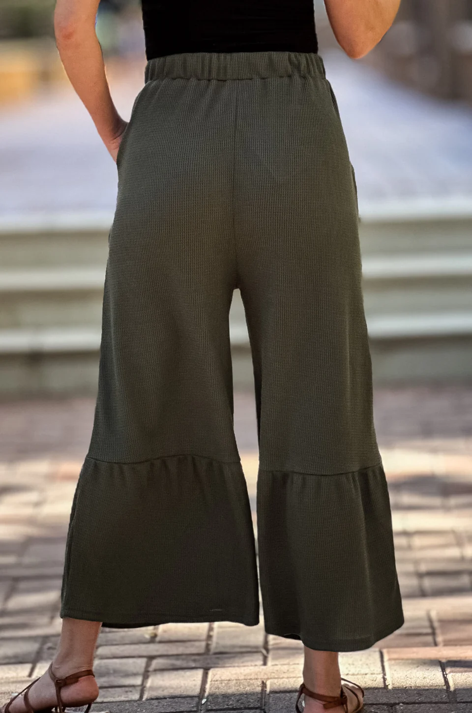 Waffle Knit Tiered Wide Leg Crop Pants