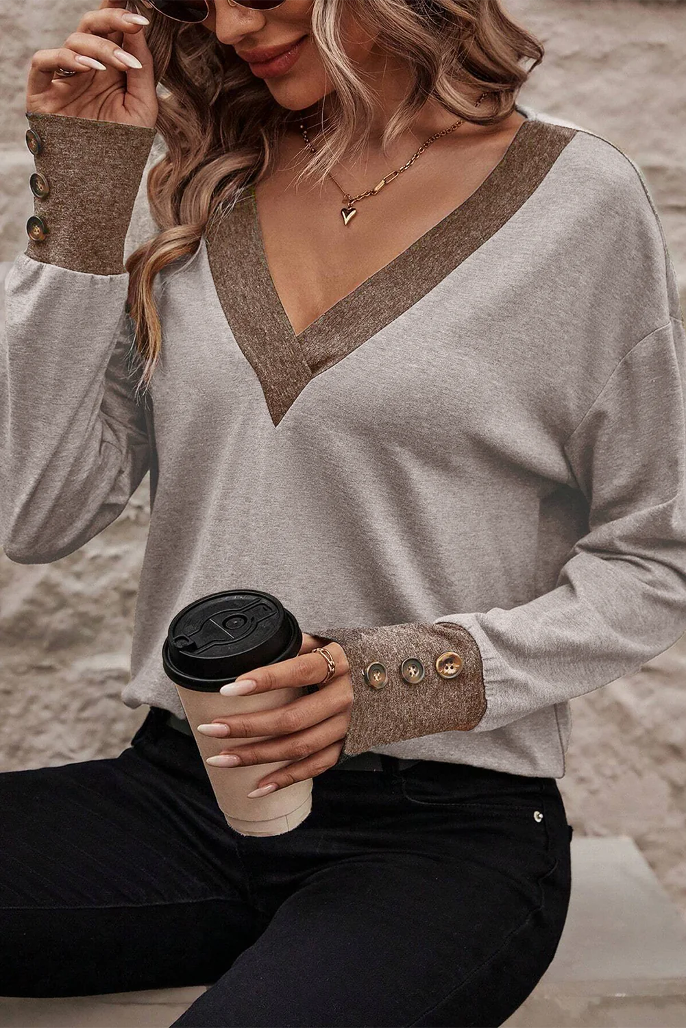 V Neck Button Cuffed Long Sleeve Top