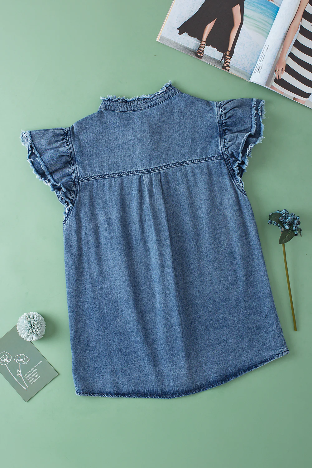 Button Front Ruffled Flutter Frayed Denim Top