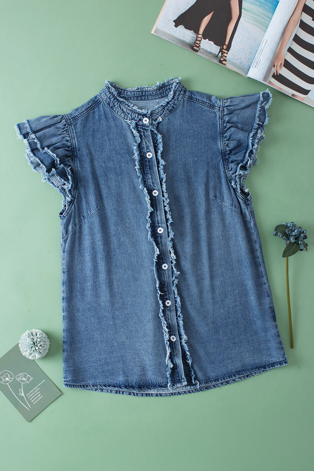 Button Front Ruffled Flutter Frayed Denim Top